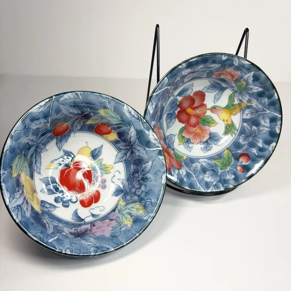 Chinese Contemporary Colorful Rice Bowl Hibiscus Hummingbird Fruit blue set Of2